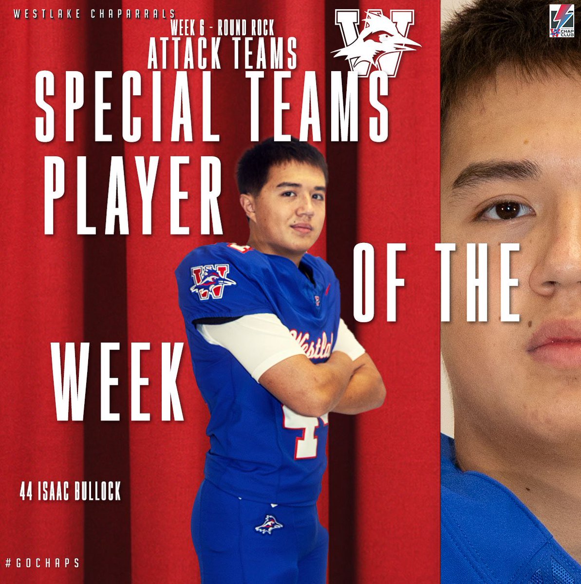 Westlake_Nation's tweet photo. Isaac Bullock is the Attack Team Special Teams Player of the Week. His performance helped to prepare the special teams for the 38-17 win over Round Rock. Isaac will serve as a team captain on Thursday night as the Chaps head to Kelly Reeves Stadium to face Westwood. #GoChaps https://t.co/xeVJn79tjw
