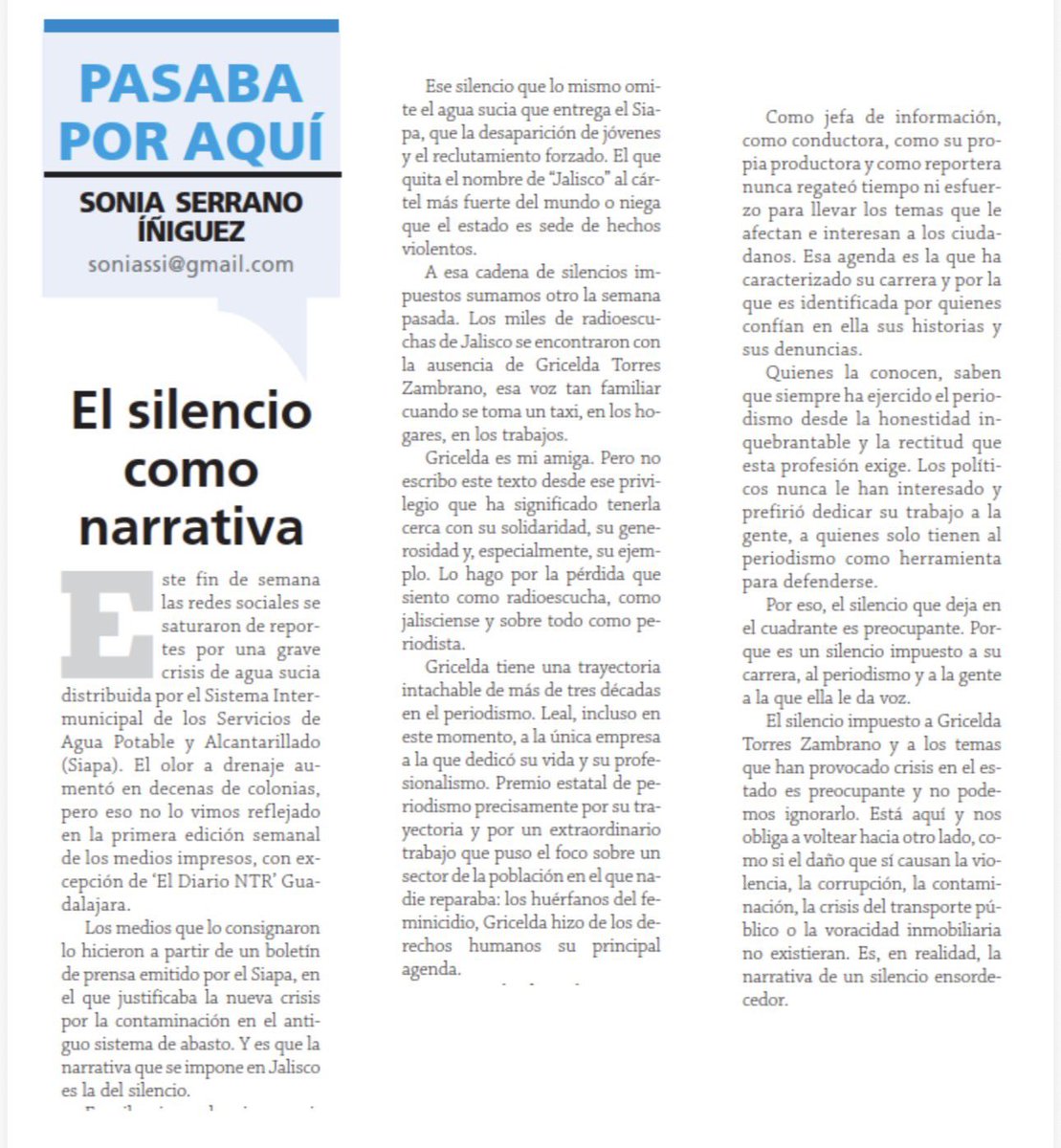 viogu's tweet photo. Vamos llamando las cosas por su nombre: Censura gubernamental. A Gricelda la despidieron injustificadamente de un espacio en dónde se destacó por décadas. Inaceptable la intolerancia del @GobiernoJalisco a la crítica y la decisión de Notisistema. Apoyo total a @torreszam. https://t.co/FN0YgCeM55