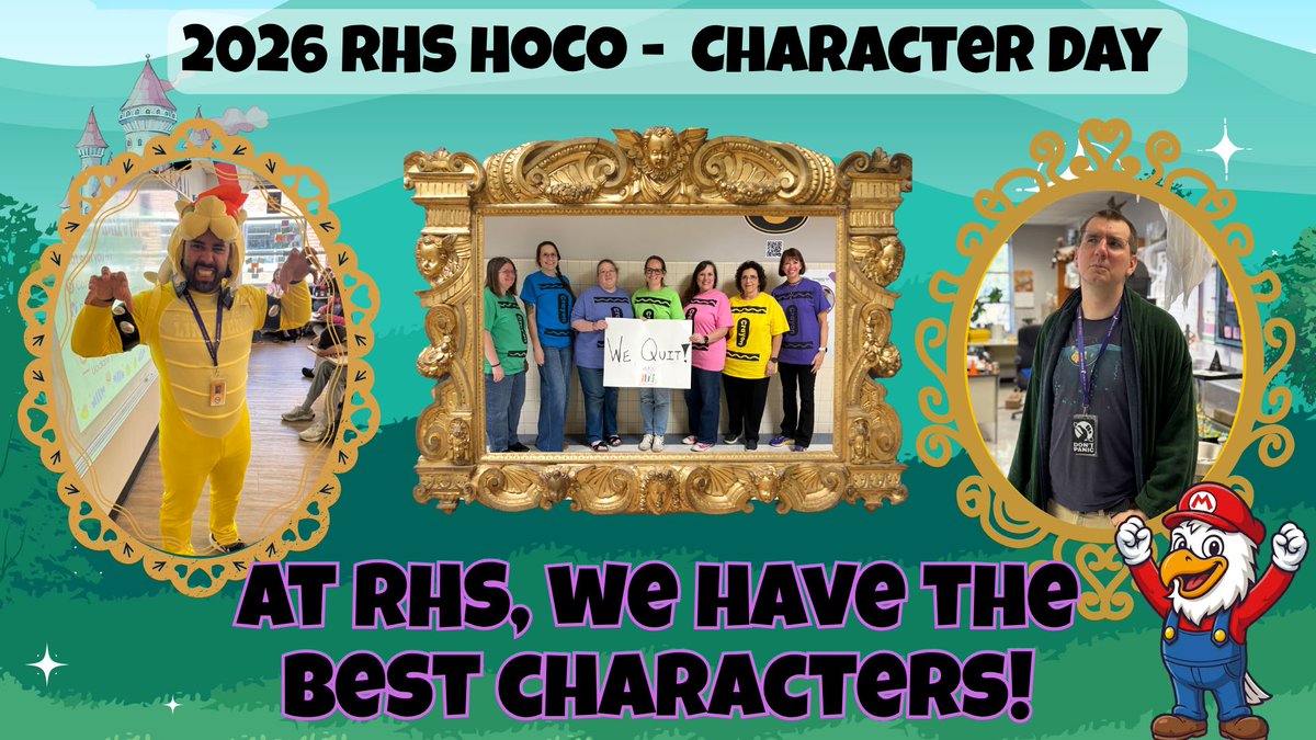 RichardsonHS1's tweet photo. ✨ Character Day creativity was on another level!
Classic, funny, clever or completely committed, our Eagles brought the personality today. 🎭🦅
We LOVE seeing RHS have a little fun together! 💜💛
#RHSHoCo26 #RISDDreamOn #AlwaysAnEagle #RISDInsiders https://t.co/XrDVfFzGa6