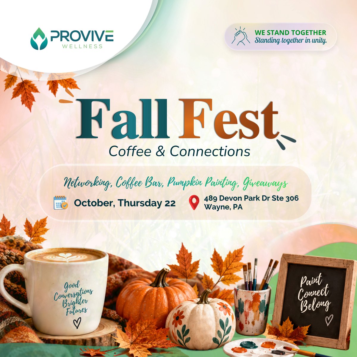 ProviveWellness's tweet photo. 🍂 Fall Fest: Coffee &amp; Connections ☕🎃

Networking, coffee bar, pumpkin painting &amp; giveaways with Provive Wellness.

📅 Thursday, October 22
📍 489 Devon Park Dr, Ste 306, Wayne, PA

Paint. Connect. Belong. 💚

#FallFest #ProviveWellness #WaynePA https://t.co/Kvh8J8kpzg