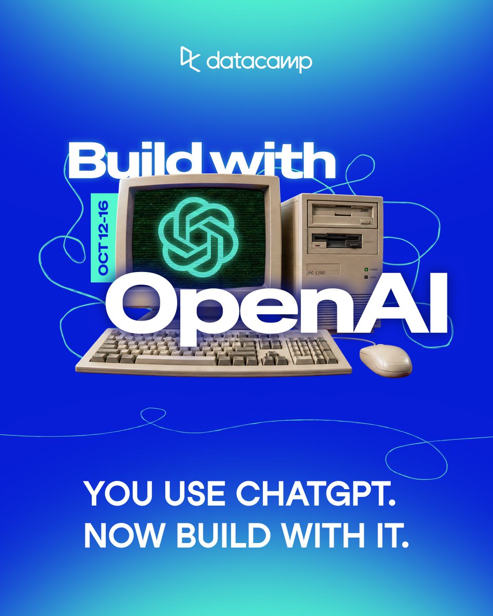 DataCamp's tweet photo. Build with OpenAI starts next Tuesday.

OpenAI's tools can tell your data story, run your weekly research report, and produce your financial reports. In three free code-alongs, we build them all live.

→ Tues, Oct 13 | Tell Data Stories with ChatGPT. Turn a dataset into text and visuals, then reshape it for any audience.
→ Weds, Oct 14 | Run a Weekly Research Report with ChatGPT. Projects and Scheduled Tasks do the work, on the free plan.
→ Thurs, Oct 15 | Build a Financial Controller Agent with Codex. Ship an agent that turns financial data into structured reports.

Register once, and you're in for all three.

Plus a free ChatGPT cheat sheet with 60+ prompts for data science.

Register free → https://t.co/bdLTcWdG6e