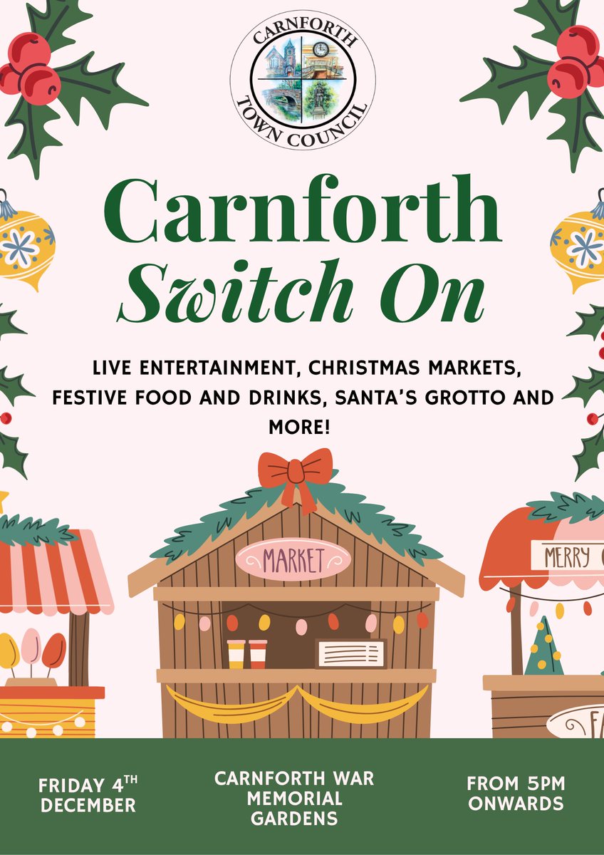 CarnforthTC's tweet photo. 🎄✨ Carnforth Switch On 2026 is coming! ✨🎄

Join us on Friday 4th December from 5pm at Carnforth War Memorial Gardens for festive markets, live entertainment, food &amp; drinks, Santa’s Grotto and more! 🎅🛍️🎶 https://t.co/5GUpmgco7q