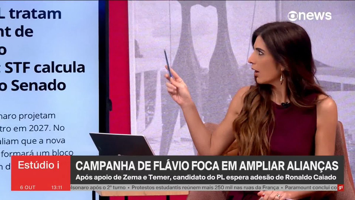 The image shows a news anchor on GloboNews' "Estúdio i" program, gesturing with a pen while discussing the headline "CAMPANHA DE FLÁVIO FOCA EM AMPLIAR ALIANÇAS" (Flávio's campaign focuses on expanding alliances), noting that after support from Zema and Temer, the PL candidate awaits Ronaldo Caiado's endorsement. A side panel displays related text about "STF calcula" (STF calculates) and the "Senado" (Senate), tying into the accompanying post's discussion of impeachment proceedings against Moraes and the STF's assessment of the Senate.
