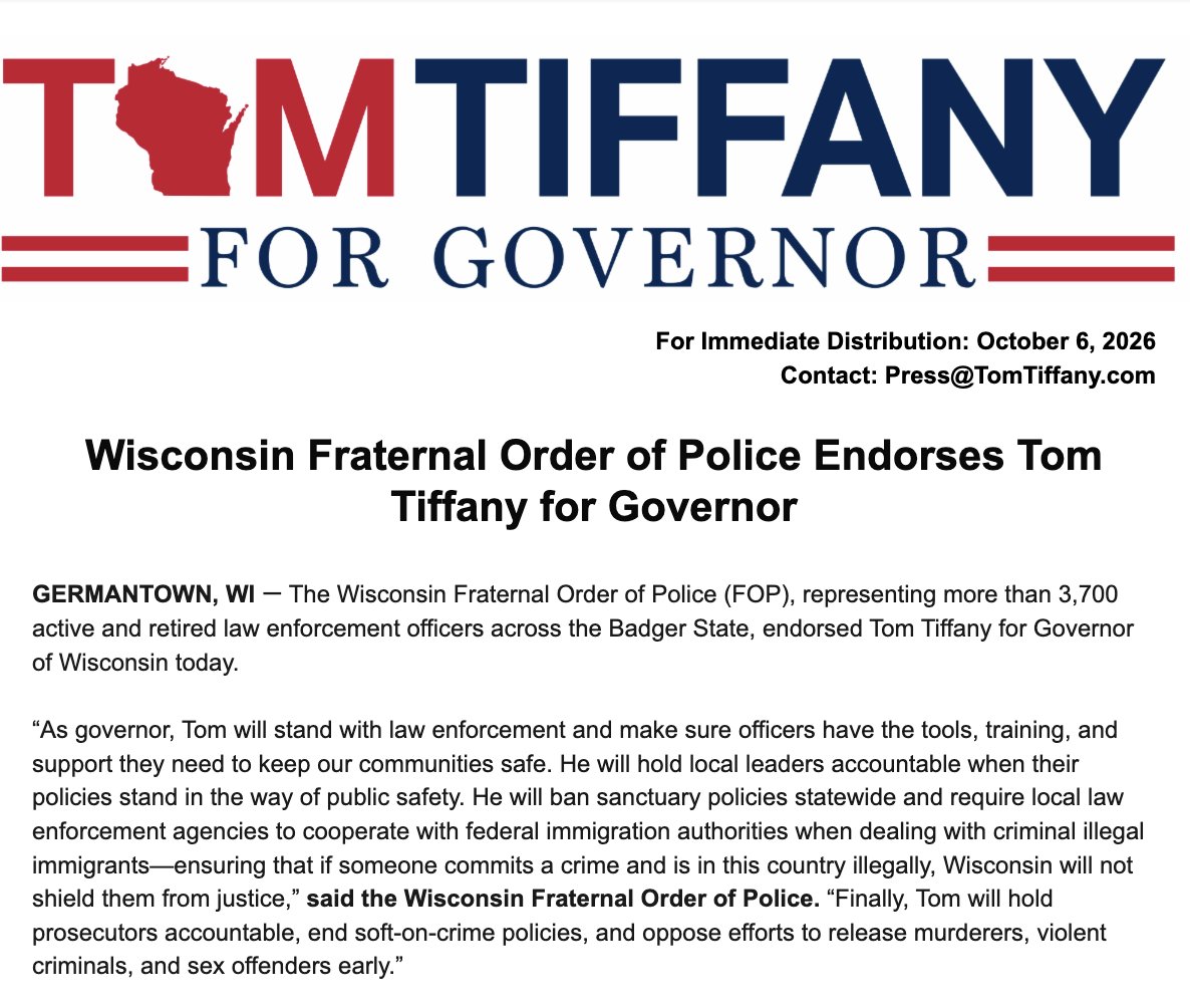 TiffanyWarRoom's tweet photo. 🚨 BREAKING: The Wisconsin Fraternal Order of Police has officially endorsed Tom Tiffany to be the next Governor of Wiscosin:

“As governor, Tom will stand with law enforcement and make sure officers have the tools, training, and support they need to keep our communities safe." https://t.co/pKMmcL27Fc