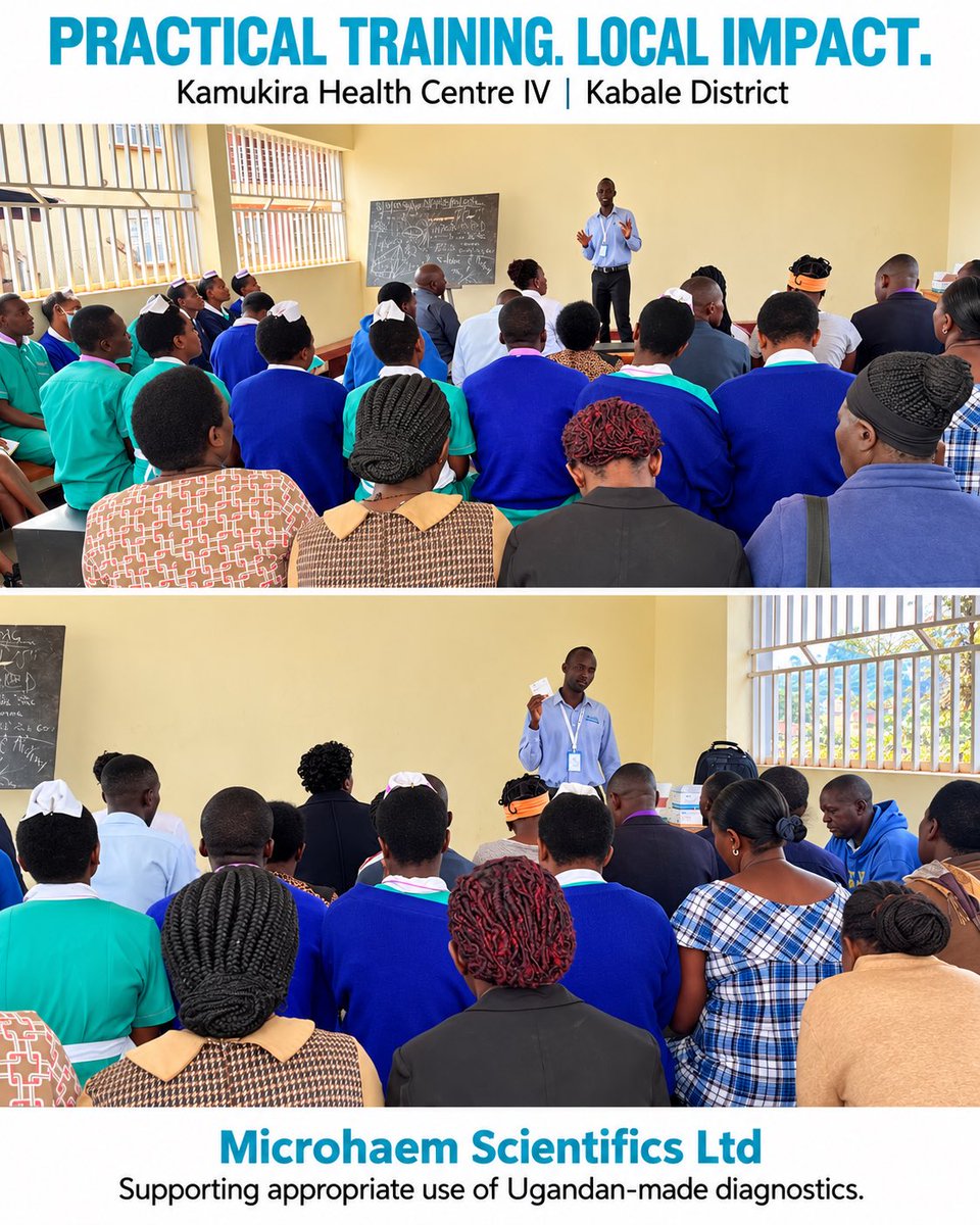 Microhaem's tweet photo. 📍 #Kabale District 🇺🇬

Local manufacturing delivers its greatest impact when the people using the technology are well supported.

At #KamukiraHealthCentreIV, @Microhaem Scientifics Ltd is supporting health workers through practical training on the appropriate use of our Ugandan-made rapid diagnostic tests for sickle cell disease, HIV and malaria.

Our responsibility goes beyond production. Through knowledge transfer and hands-on training, we strengthen health workers’ skills and confidence in using our diagnostic technologies appropriately.

Building local capacity. Strengthening #diagnostic practice. Connecting Made-in-Uganda innovation to care.

#Microhaem #MadeInUganda #Kabale #HealthWorkerTraining #LocalManufacturing #Diagnostics