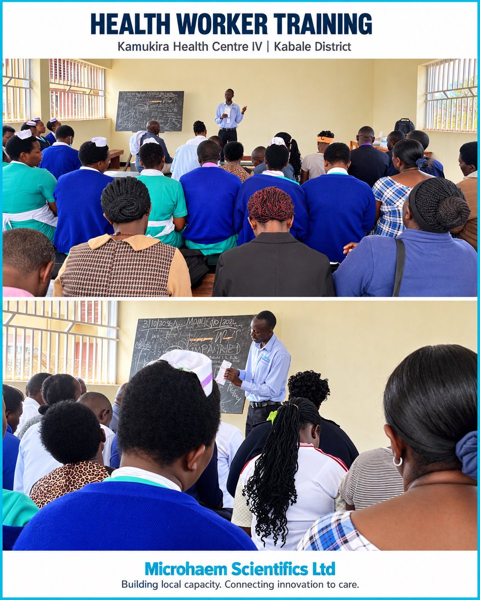 Microhaem's tweet photo. 📍 #Kabale District 🇺🇬

Local manufacturing delivers its greatest impact when the people using the technology are well supported.

At #KamukiraHealthCentreIV, @Microhaem Scientifics Ltd is supporting health workers through practical training on the appropriate use of our Ugandan-made rapid diagnostic tests for sickle cell disease, HIV and malaria.

Our responsibility goes beyond production. Through knowledge transfer and hands-on training, we strengthen health workers’ skills and confidence in using our diagnostic technologies appropriately.

Building local capacity. Strengthening #diagnostic practice. Connecting Made-in-Uganda innovation to care.

#Microhaem #MadeInUganda #Kabale #HealthWorkerTraining #LocalManufacturing #Diagnostics