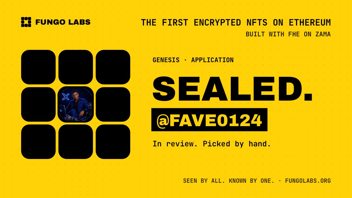FAVE0124's tweet photo. Just submitted my Genesis application for @FungoLabs 🟨

What caught my attention is simple: NFTs have always been public by default. Anyone can track ownership and connect it with other wallet activity.

Fungo Labs is exploring a different model with encrypted NFTs on Ethereum, built with FHE on Zama.

The goal is not to remove onchain verification. It is to give owners more control over what becomes visible and what stays private.

That balance between transparency and privacy is something Web3 genuinely needs.

My application is now sealed and under review. Let’s see where this journey goes 💙