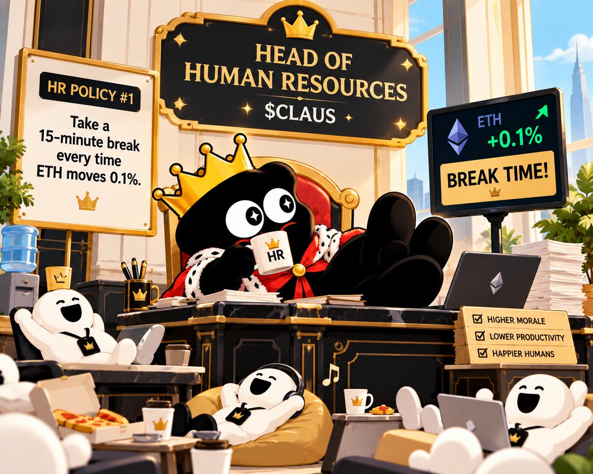 ClausCoinETH's tweet photo. BREAKING: claus has appointed himself Head of Human Resources.

first policy:
humans must take a 15-minute break every time ETH moves 0.1%.

productivity has collapsed.
morale is at an all-time high.

$CLAUS #Ethereum https://t.co/sH80uA2PxT