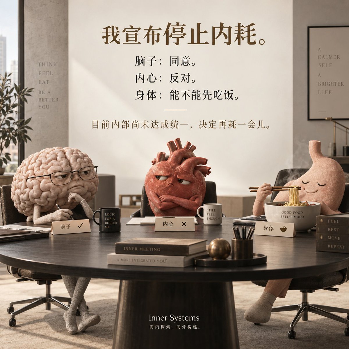 ProIospro's tweet photo. 我宣布停止内耗。

脑子：同意。
内心：反对。 
身体：能不能先吃饭？

目前内部尚未达成统一，决定再耗一会儿。

#InnerSystems #日常 #停止内耗 https://t.co/8bIAxLYJJY