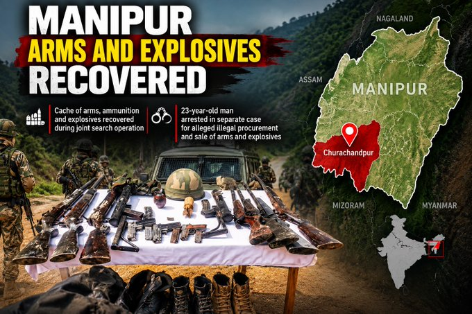 Vaiphei202606's tweet photo. Security forces recovered a cache of arms, ammunition and explosives during a joint search operation in Manipur’s Churachandpur district. A 23-year-old man was separately arrested over alleged illegal arms procurement and sale. #Manipur #Churachandpur #SecurityForces https://t.co/Ns49Nl22Ka