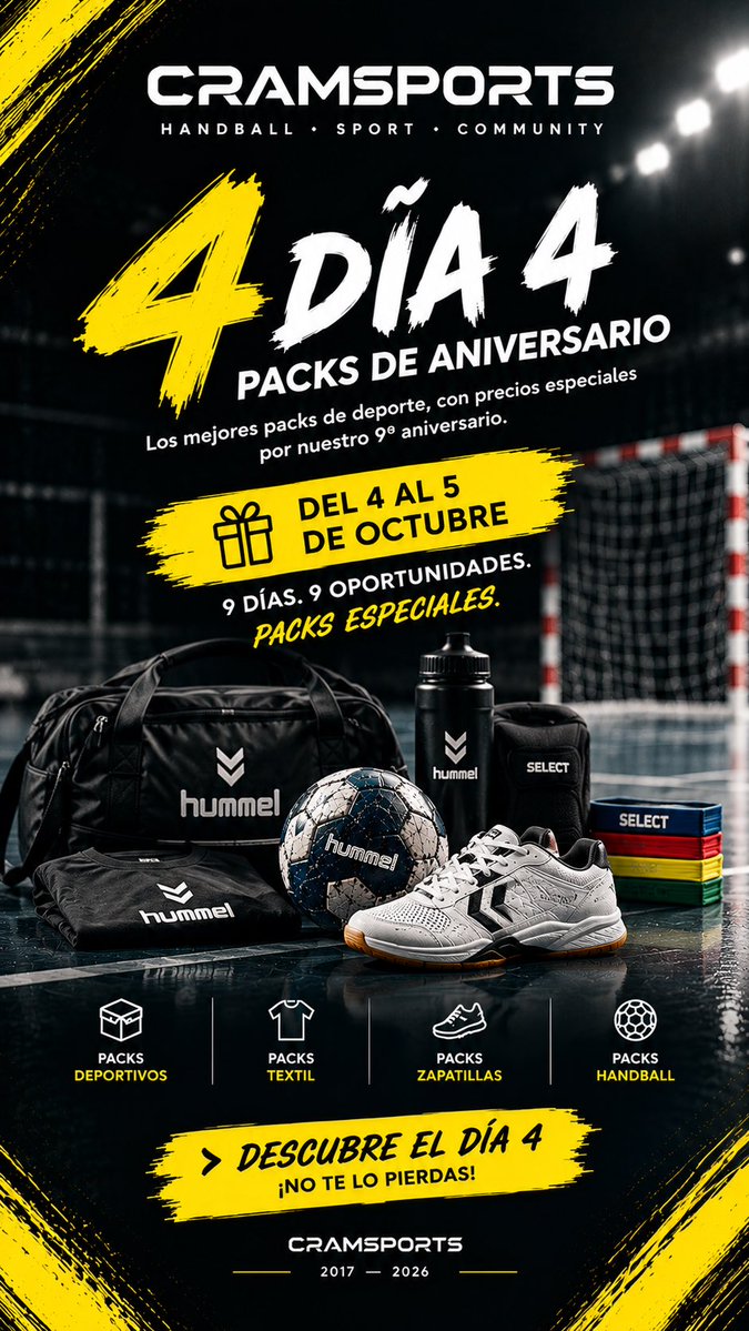 Cramsports's tweet photo. 📦 DÍA 4 / 9 — PACKS DE ANIVERSARIO 🔥
Hoy queremos que te lleves más por menos.
Hemos preparado una selección de PACKS ESPECIALES combinando zapatillas y equipamiento de diferentes marcas para que puedas renovar tu material aprovechando nuestro 9.º aniversario. https://t.co/cH1abW7MxD
