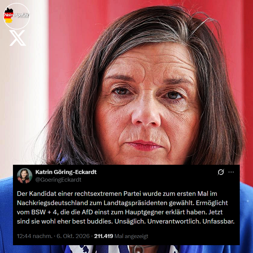 HeimatliebeDE's tweet photo. Das ist Katrin Göring-Eckardt, Bündnis 90/Die Grünen.
Sie brach ihr Studium ab und arbeitete als Küchenhilfe.

Sie wurde 2025 in ihrem Wahlkreis mit 3,1% (!) gewählt.
Als Politikerin der Grünen hat sie für ihre lasche Zustimmung ein sehr großes Mundwerk.

Scheinbar kann Katrin Göring-Eckardt auch nichts mit demokratischen Wahlen anfangen. Wenn ihre Partei aber mit linksextremen Antisemiten gemeinsame Sache machen möchte, ist das für sie kein Problem.

Das ist Katrin Göring-Eckardt.