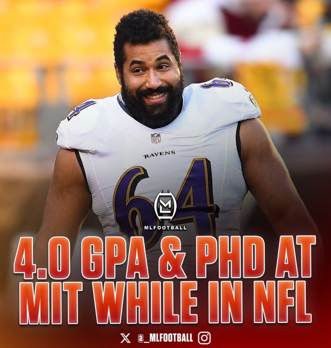 MLFootball's tweet photo. GENIUS: Former #Ravens offensive lineman John Urschel retired from the NFL at just 26 years old to pursue mathematics full-time.

Now, years later, Urschel has reportedly helped RESOLVE A LONG-STANDING MATHEMATICAL CONJECTURE involving Gaussian elimination.

Urschel earned a 4.0 GPA, got bachelor’s and master’s degrees in mathematics from Penn State, and pursued his Ph.D. at MIT while playing in the NFL.

From blocking NFL defensive linemen to solving problems that have challenged mathematicians for years.

One of the smartest athletes EVER.