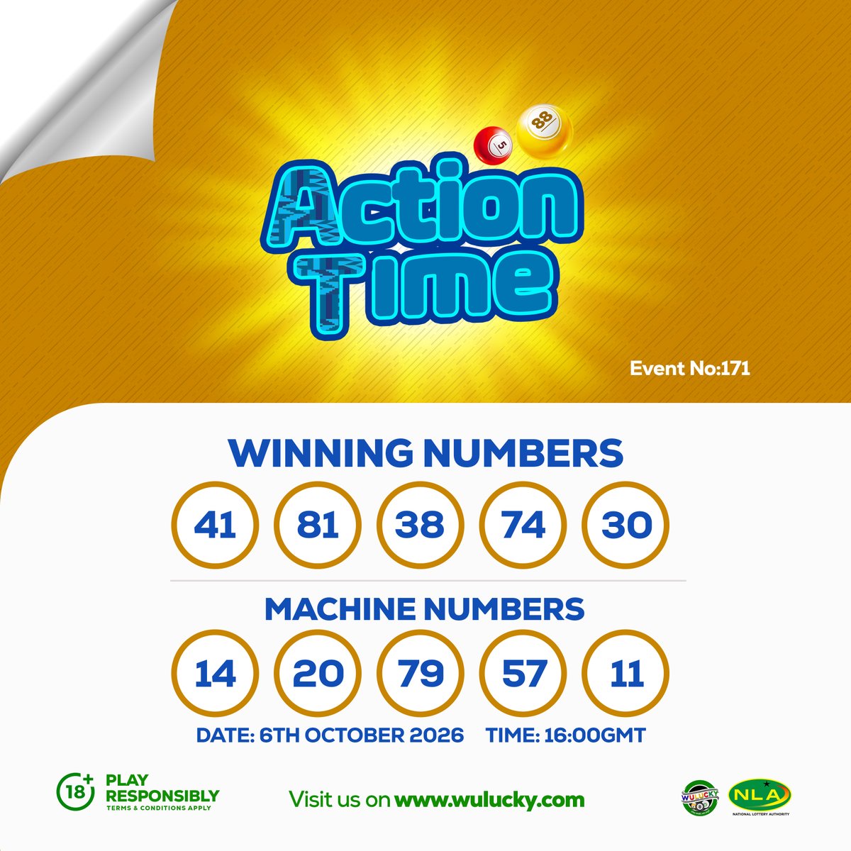 wuluckygh's tweet photo. 2026/10/06 - 16:00GMT- WULUCKY 5/88 ACTION TIME LIVE DRAW - EVENT NO: 171
Live Draw by WuluckyGhana Limited. Regulated by the NLA.

Winnings can be requested or toggled to be received instantly! No one does it better!! 

Wulucky!! Play small, WIN BIG!!

#winbig #wuluckygh #playsmall #cikapuduo #odogwuhour #wulucky588 #wulucky590