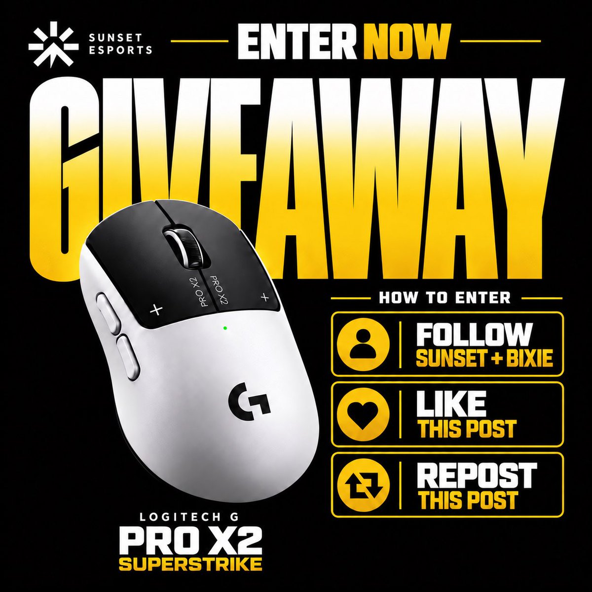 BixieFn's tweet photo. SUNSET ESPORTS GIVEAWAY ☀️💛

Win a Logitech G PRO X2 SUPERSTRIKE! 🖱️

To enter:
→ Follow @TeamSunsetGGs &amp; @BixieFn 
→ Like this post
→ Repost

🏆 1 winner drawn LIVE on TikTok https://t.co/VOuxuMTvaC…!

#Giveaway #esports https://t.co/5i5ljwyNNE