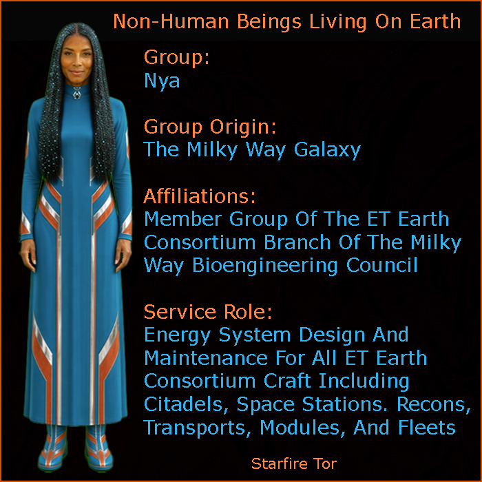 StarfireTor's tweet photo. The Nya
Non-Human Beings Living On Earth
Their Real Names & Service
More Of The Hopi Ancestor Ant People Saga
Saving Humans From The 15, 000 Yr ET Conflict
This Is Real ET-UFO Disclosure: Learn & Remember
October 6, 2026

On September 23, 2026, following 5 posts encompassing 5 big hints, I revealed that the Hopi ancestor Ant People story was not a myth. It was real. It happened. I identified the Ant People as the Gwee ET aka the small biological Grey ET from the ET Earth Consortium. There is a lot more to the story, of what modern day Hopi – and genetic relations – inherited from their ancestors having lived the actual story. Just keep in mind that the m0dern descendants did not live through what their ancestors lived through. So they understand and relay the story – the very real story – as they relate to it.

There was more than just the Gwee aka Ant people involved in these rescues. In fact, millions of Humans were rescued all over the world and kept safe. The ETs who did this rescue was the ET Earth Consortium – the Bioengineers and teachers of modern Humans. Their allies, the Elarian ET Angels were also involved in a big way.

One of the other real characters, included in the rescues, was a mystical manifesting woman known as Spider Grandmother aka Spider Woman. Along with the Ant People aka the Gwee ET, and others who played a big part, Grandmother was a very present person underground. Although there were more than these people involved, and way more beings than are in the public Hopi Ancestor legend, It is believed that Grandmother was a member of the Nya Group.

If you learn about the Hopi ancestor legend, as the Hopi Elders tell it – and not from some other source – you will immediately notice that there are precise descriptions of bioengineering, terraforming, living underground, wonderous things happening above ground, 5 worlds or survival, the problem with Humans who had closed brain gates, and so much more. There are similar long ago rescue stories told by descendants all over the world.

So how about opening your brain gates, and realizing that there are remnants of ET-Human relationship truth literally in your midst.

Here is a brief profile of the Nya ETs. BTW: Nya love to grow crystals in their hair. I’ve done my best to show that when I created this Nya image from my memory of them.

Group:
Nya

Group Origin:
The Milky Way Galaxy

Affiliations:
Member Group Of The ET Earth Consortium Branch Of The Milky Way Bioengineering Council

Service Role:
Energy System Design And Maintenance For All ET Earth Consortium Craft Including Citadels, Space Stations. Recons, Transports, Modules, And Fleets
