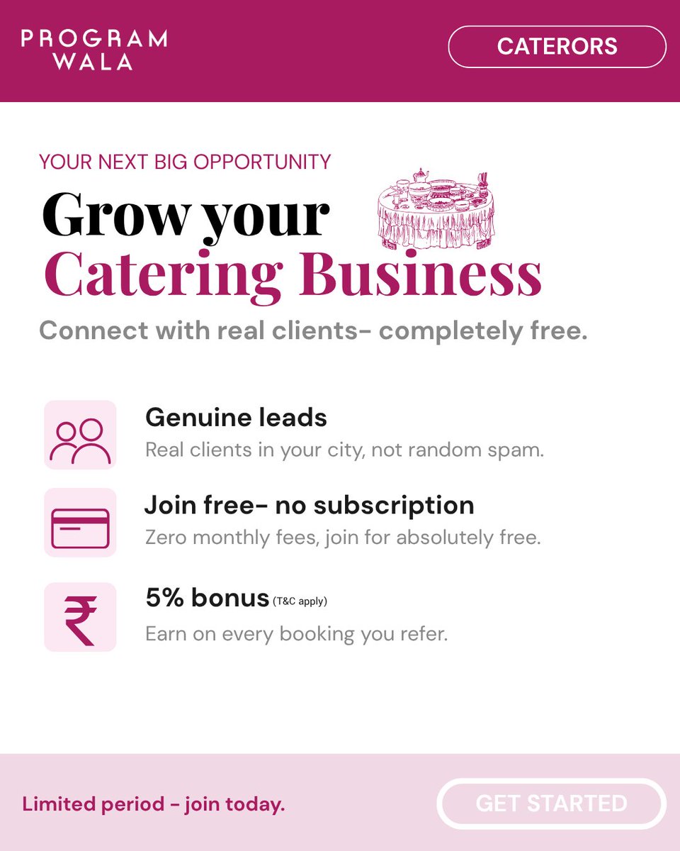 program_wala's tweet photo. 🍽️ Are you a professional Caterer looking to grow your business?
📩 DM us your profile/work details to get started.
📞 Call or WhatsApp: 8400128910
🌐 Visit: https://t.co/I9nyIrpJ2I
#ProgramWala #CateringServices #WeddingCaterer #WeddingLeads #GrowYourBusiness https://t.co/Un84FpX1BM