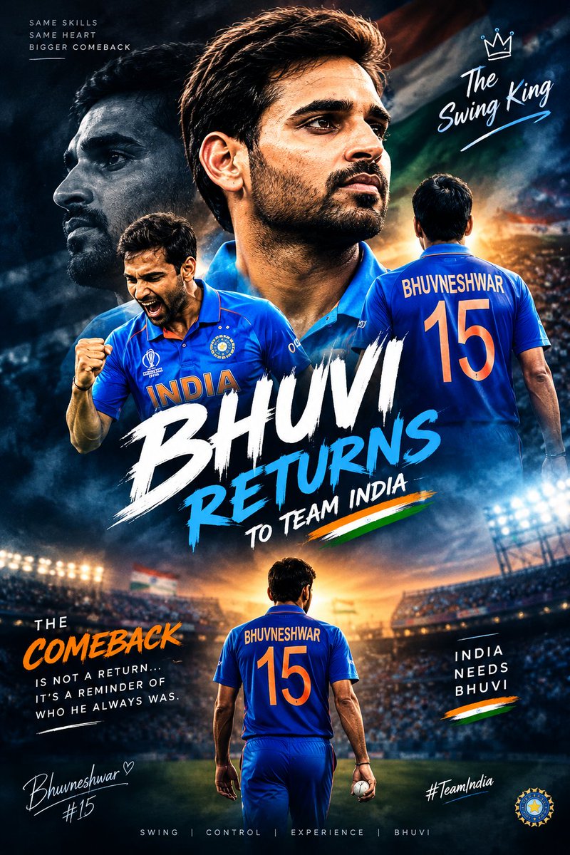 saneeth10261873's tweet photo. @BCCI The comeback is not a return it’s a reminder of who he always was. 🇮🇳🔥
Bhuvi is BACK in Blue the swing king returns! 👑⚡
THE SWING KING IS BACK. 👑💙
Bhuvi returns to Team India. 🇮🇳🔥
#BhuvneshwarKumar #TeamIndia #BhuviReturns #SwingKing #Comeback #IndianCricket https://t.co/KoHeLVFs40