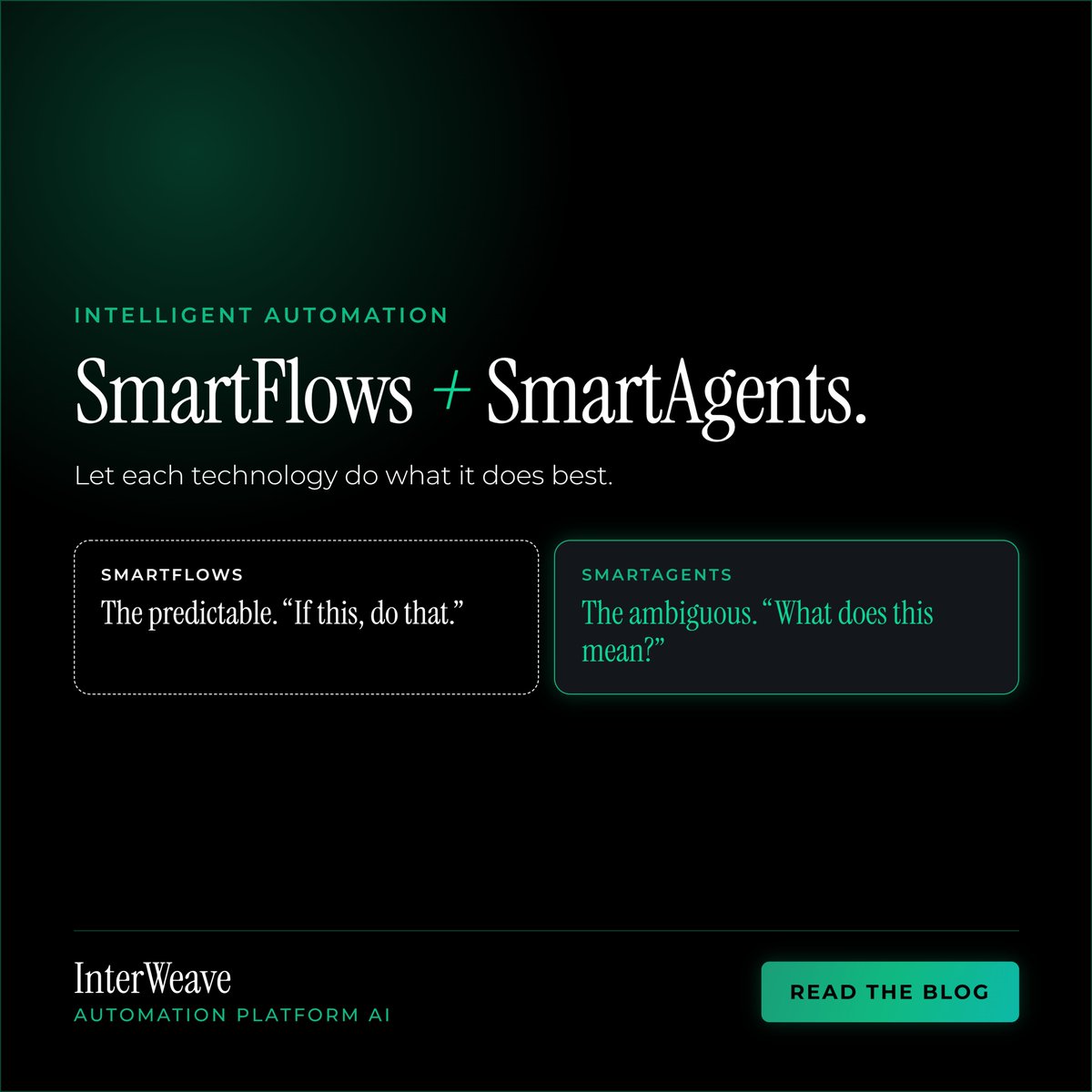 InterWeave1's tweet photo. Intelligent automation
SmartFlows + SmartAgents.
Let each technology do what it does best.
🌐 Explore: https://t.co/QRIoWkfkGl https://t.co/jAUz26QglG
