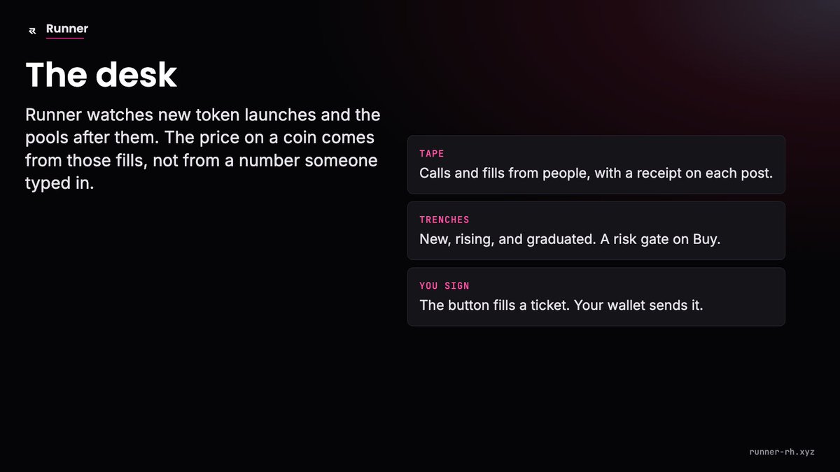 runnerrh_xyz's tweet photo. Runner watches new token launches and the pools after them. The price on a coin comes from those fills, not from a number someone typed in. https://t.co/Gsk5qR6mnk
