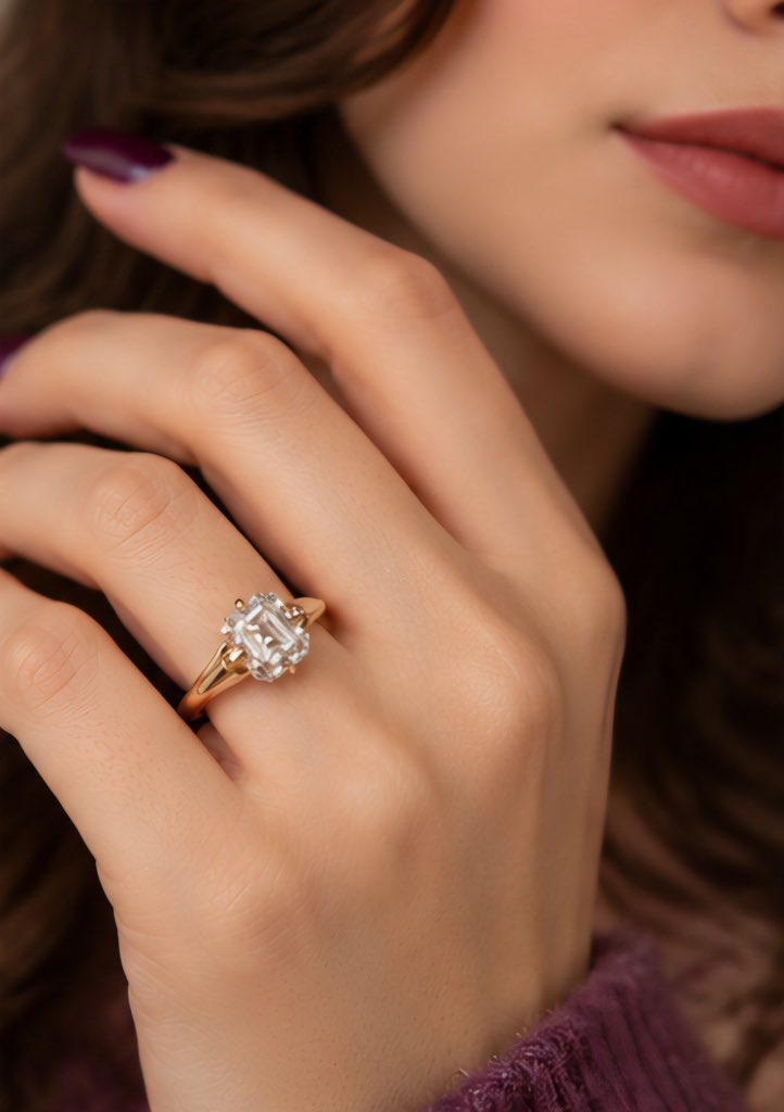 AshbourneRings's tweet photo. Ashbourn Atelier’s emerald‑cut diamond in gold Classic elegance among purple petals. https://t.co/j2HFh88gqT