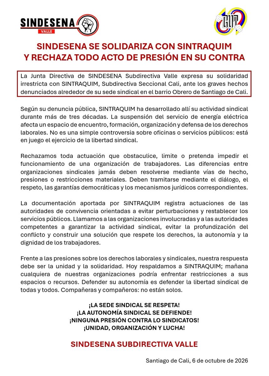 sindesenaVall's tweet photo. SINTRAQUIM NO ESTÁ SOLO
SINDESENA Valle expresa su solidaridad con SINTRAQUIM Cali y rechaza toda presión que obstaculice su actividad sindical. Exigimos garantías para su funcionamiento y respeto por su sede y autonomía
Defender la libertad sindical es una tarea de todas y todos https://t.co/MlVpJupUME