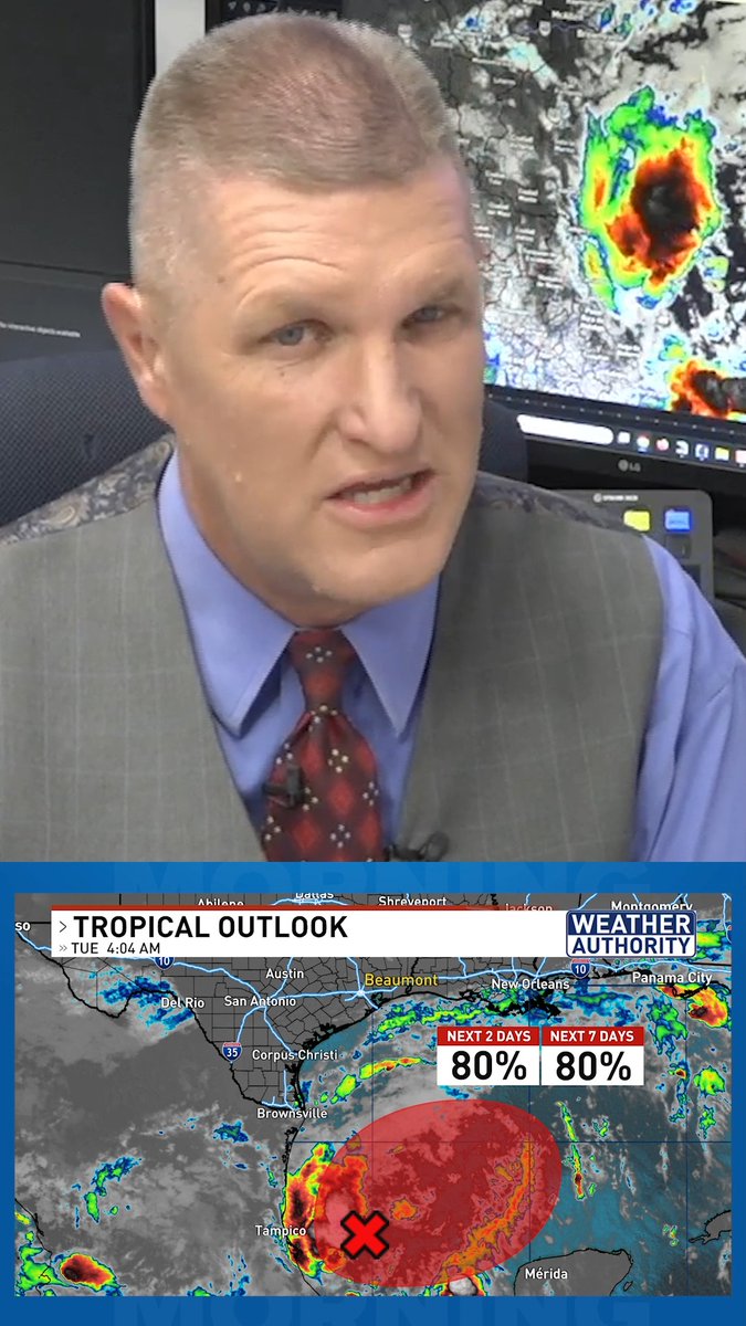 A weather forecaster presents a 'TROPICAL OUTLOOK' segment showing an 80% chance of development for a system near Mexico over the next 2 and 7 days.