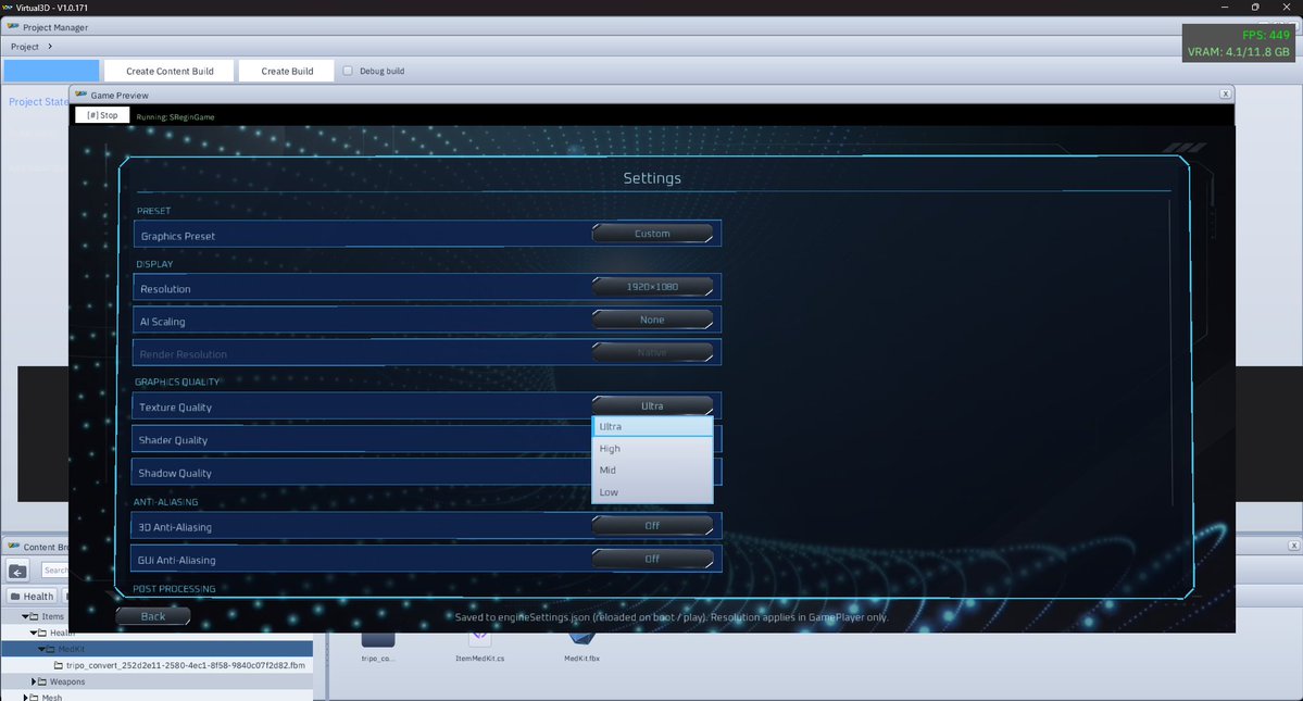 StarSignalDev's tweet photo. Ok implemented full settings gui for NegativePlus. All made real by Virtual3D's EngineSettings class, so it's really just a matter of hooking a gui up to it. #gamedev #indiedev #virtual3D #settings https://t.co/8XVEFjh7Pn