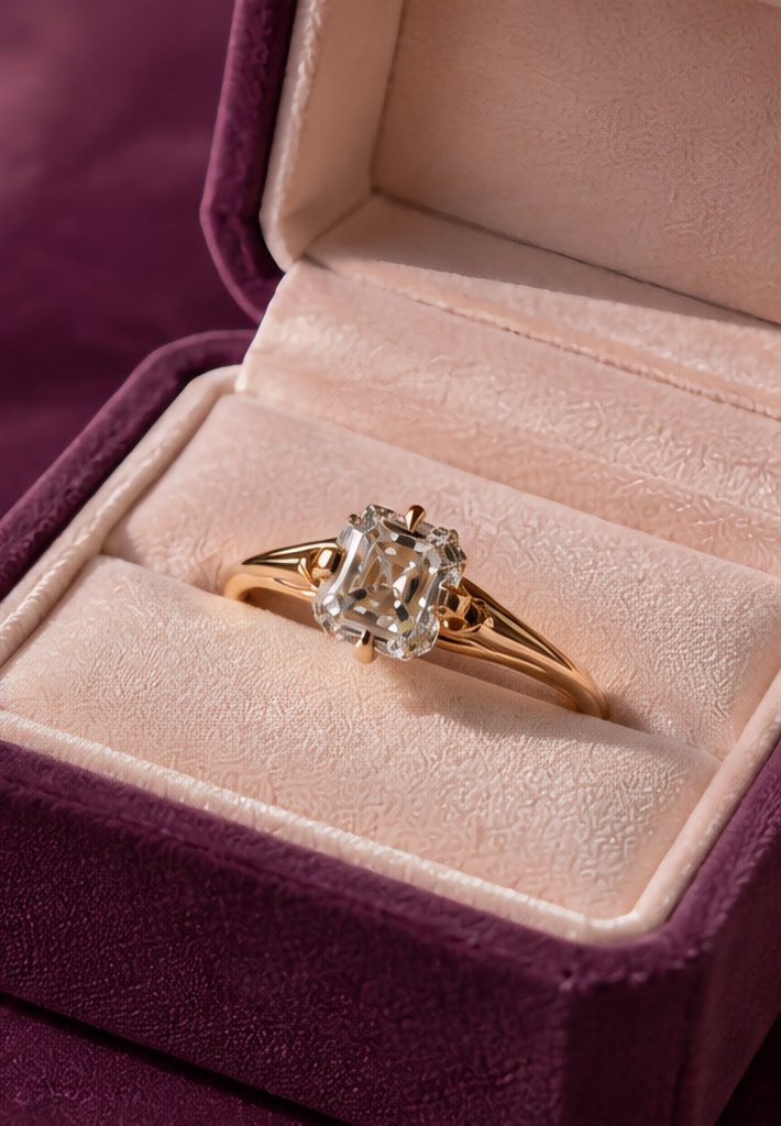 AshbourneRings's tweet photo. Ashbourn Atelier’s emerald‑cut diamond in gold Classic elegance among purple petals. https://t.co/j2HFh88gqT