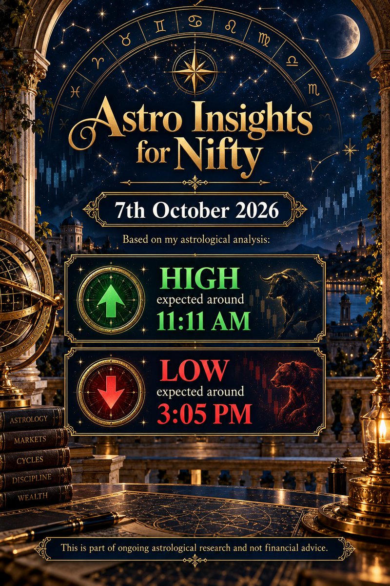 NiftyOracleAS's tweet photo. Astro Insights for #Nifty - 7th October 2026
Disclaimer: This is not financial advice. Please consult a SEBI-registered advisor before making any trading decisions.
#Nifty50 #VedicAstrology #Astrology #NiftyOptions #Trading #NSE #BSE #StockMarket #FinAstro https://t.co/8k9SSHj5s4