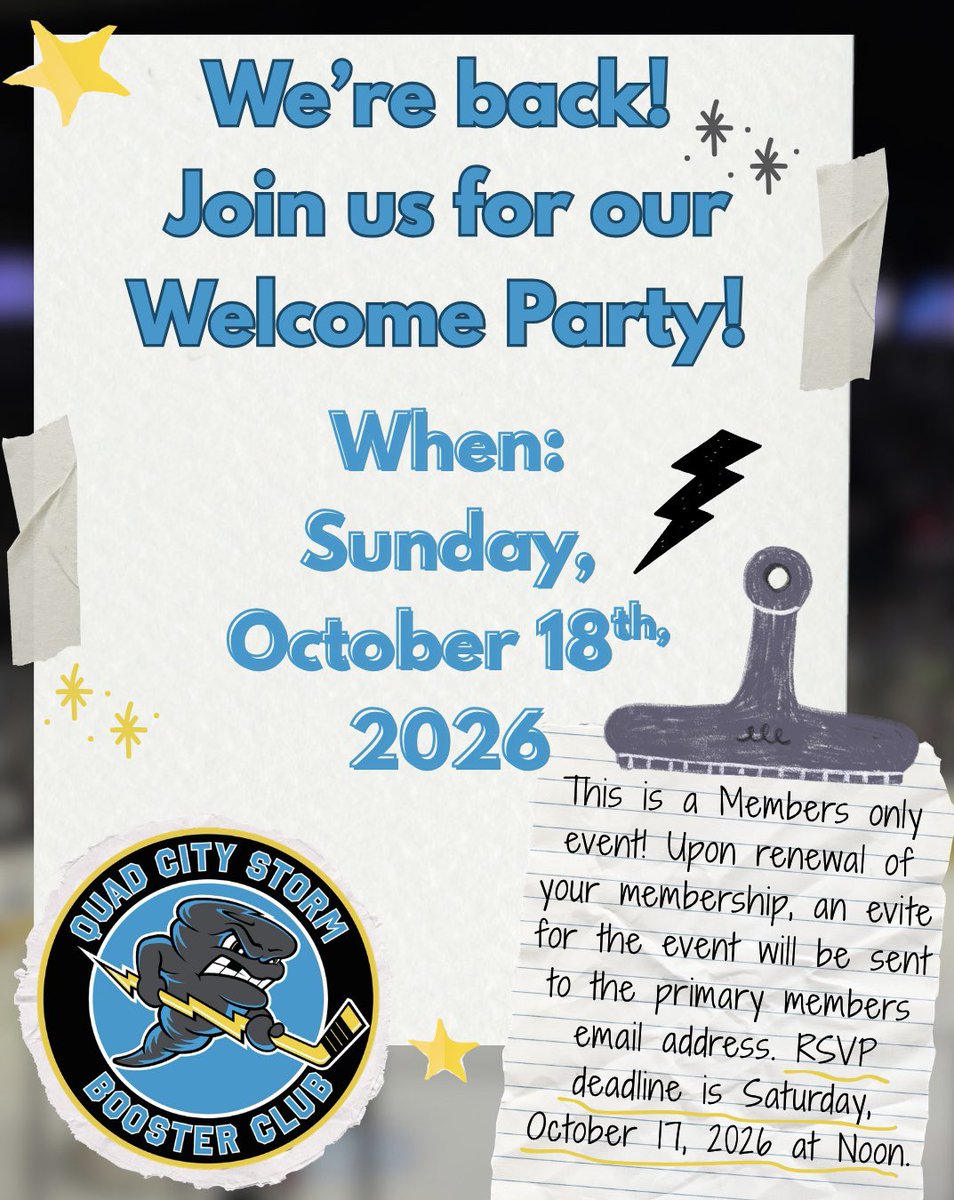 QuadCityStormBC's tweet photo. We’re back and so excited for you to join us at our Welcome Party! This is a members only event, you can renew your membership at the link below.

🔗: https://t.co/4DLLXBSZ5x https://t.co/kCbPhAi9ZS