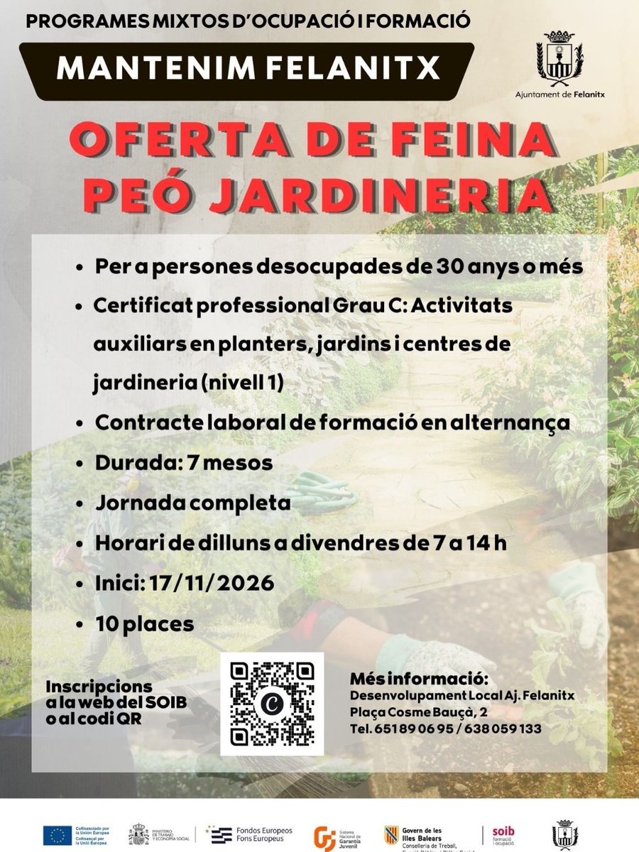 AjFelanitx's tweet photo. L’Ajuntament ha publicat les ofertes de feina del projecte mixt SOIB Formació i Ocupació en jardineria, Mantenim Felanitx.

Les persones interessades poden consultar i inscriure's a les ofertes a través de la web del @SOIBgoib 
🔗 https://t.co/hGqizjXzQq https://t.co/yLzaEEbAeZ