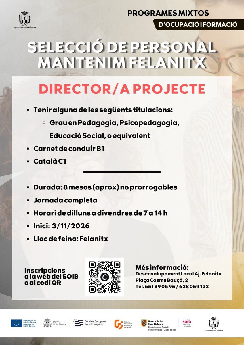 AjFelanitx's tweet photo. L’Ajuntament ha publicat les ofertes de feina del projecte mixt SOIB Formació i Ocupació en jardineria, Mantenim Felanitx.

Les persones interessades poden consultar i inscriure's a les ofertes a través de la web del @SOIBgoib 
🔗 https://t.co/hGqizjXzQq https://t.co/yLzaEEbAeZ