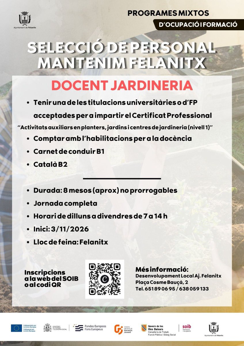 AjFelanitx's tweet photo. L’Ajuntament ha publicat les ofertes de feina del projecte mixt SOIB Formació i Ocupació en jardineria, Mantenim Felanitx.

Les persones interessades poden consultar i inscriure's a les ofertes a través de la web del @SOIBgoib 
🔗 https://t.co/hGqizjXzQq https://t.co/yLzaEEbAeZ
