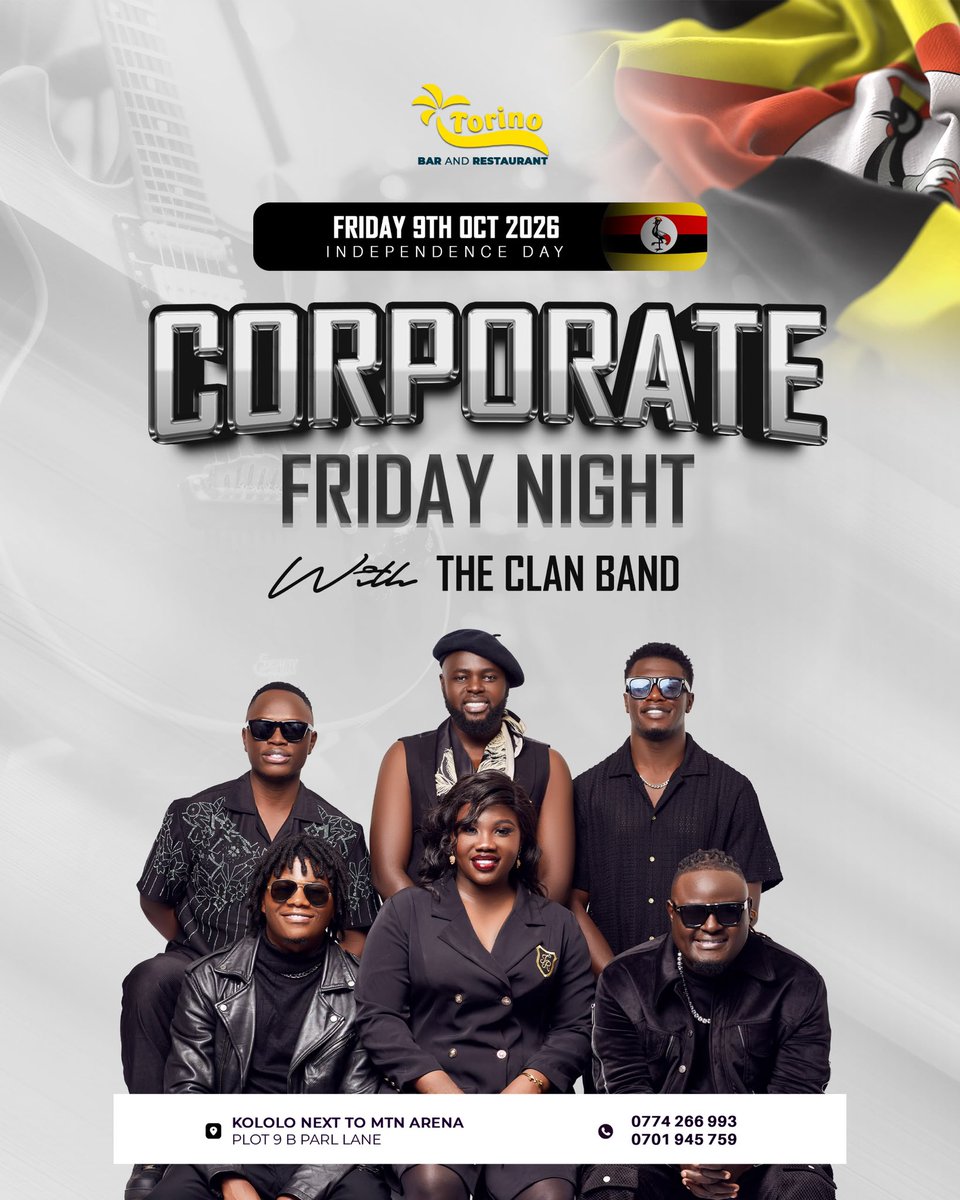 TorinoKampala's tweet photo. 🇺🇬 Celebrate Independence Day at Torino! 🥂🎶
Corporate Friday Night with The Clan Band — 7PM till late. 🔥

#TorinoKampala #CorporateFriday #IndependenceDay #TheClanBand https://t.co/0uRGV4NndN