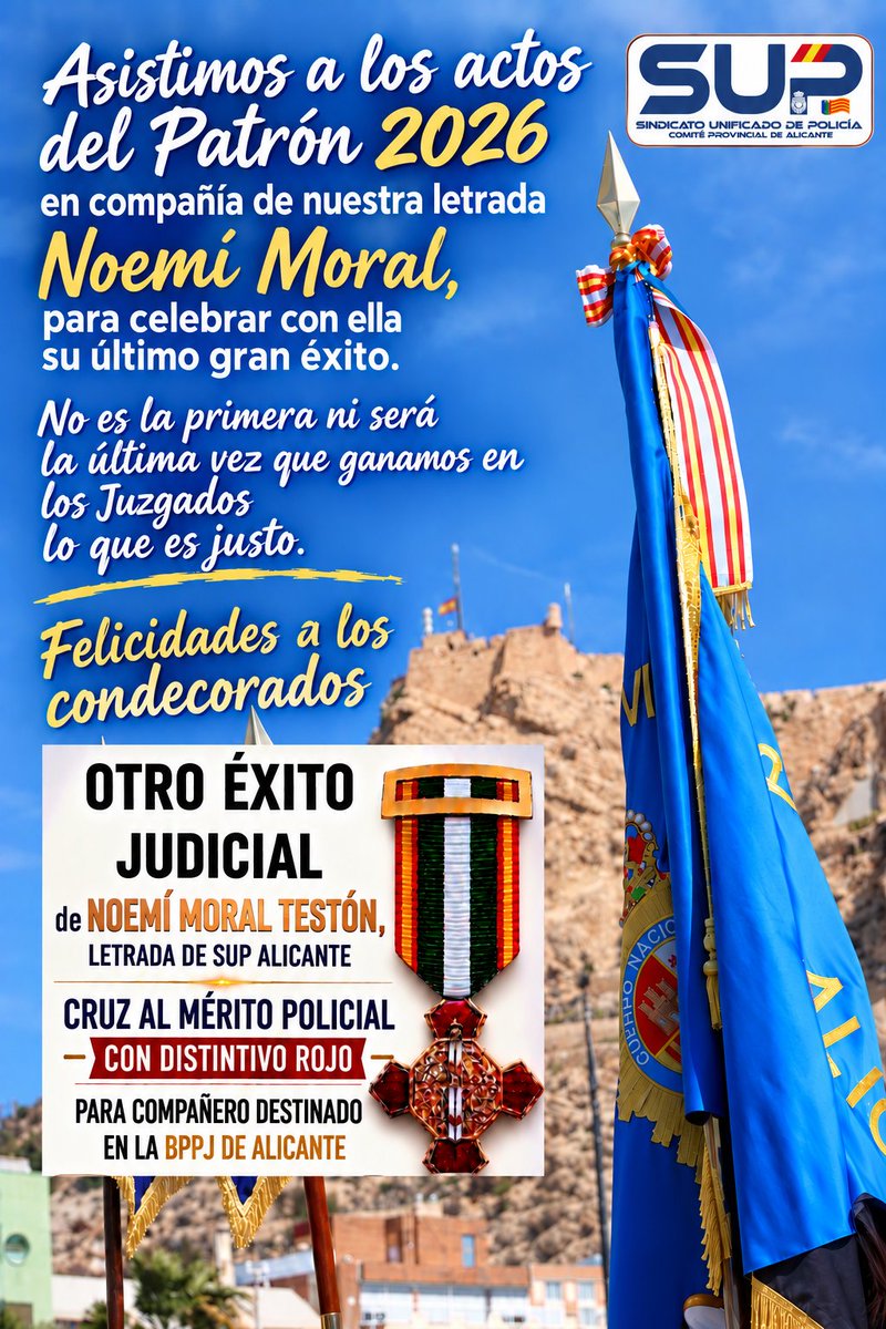 SUPAlicante's tweet photo. Asistimos a los actos del Patrón #Alicante junto a nuestra letrada Noemí Moral.
Una celebración  especial para los que somos y nos sentimos  👮👮🏻‍♀️ y también para los que están a nuestro lado a diario.
#MedallasParaQuienLasMerece 
#SUPAlicante
https://t.co/9pfondM4oF https://t.co/GkBWzimMZh