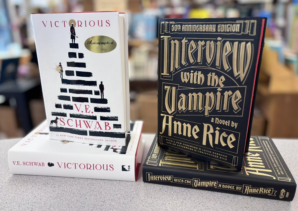 WickedBooks's tweet photo. Two more highly anticipated new releases for you today: We have ✒️signed copies of VICTORIOUS by V.E. Schwab. And the beautiful 50th Anniversary edition of 🦇 Anne Rice’s INTERVIEW WITH THE VAMPIRE. #newreleasetuesday #newreleasebooks #signedbooks #indiebookstore #salemma https://t.co/4HXCslS7aD
