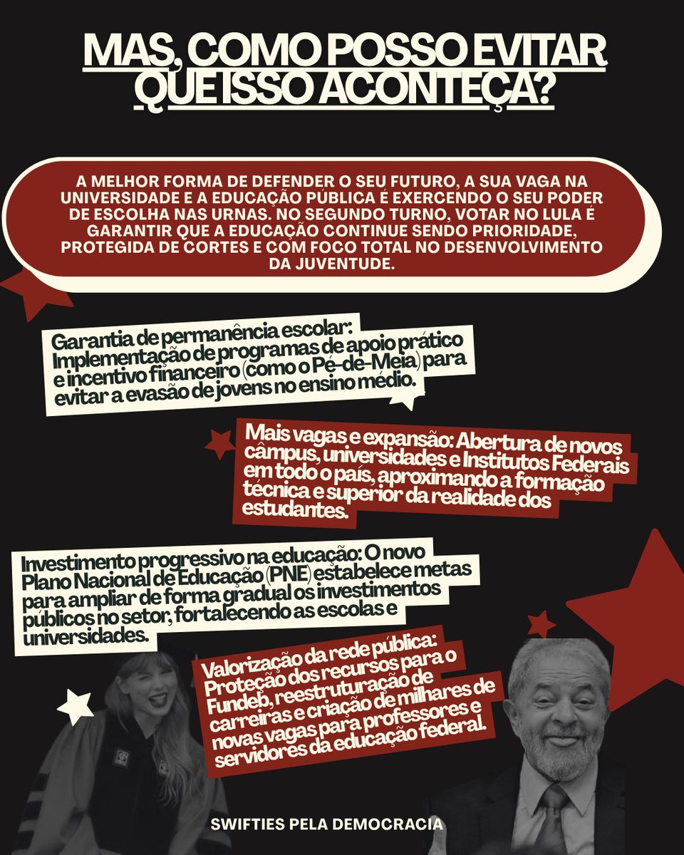 ididsmthingbad's tweet photo. EI, ESTUDANTE! Vai prestar vestibular esse ano? O seu futuro está em risco! 📢

É hora de unirmos nossa força pra defender a educação pública e o nosso direito de sonhar. 

Vamos juntos no vira-voto pro Lula!
#SwiftiesPelaDemocracia https://t.co/jp7RkTaDt8