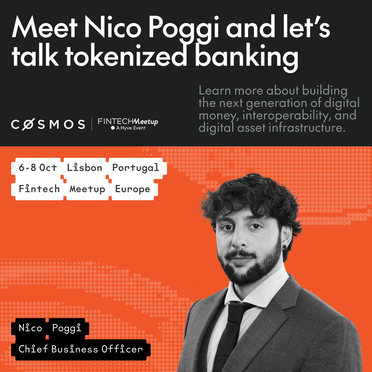 cosmos's tweet photo. Cosmos is at Fintech Meetup Europe.

Our CBO Nico Poggi @qxnico is in Lisbon taking the pulse on digital asset infrastructure &amp; connectivity across financial systems.

DM Nico to meet. https://t.co/hMcoWyJVQf