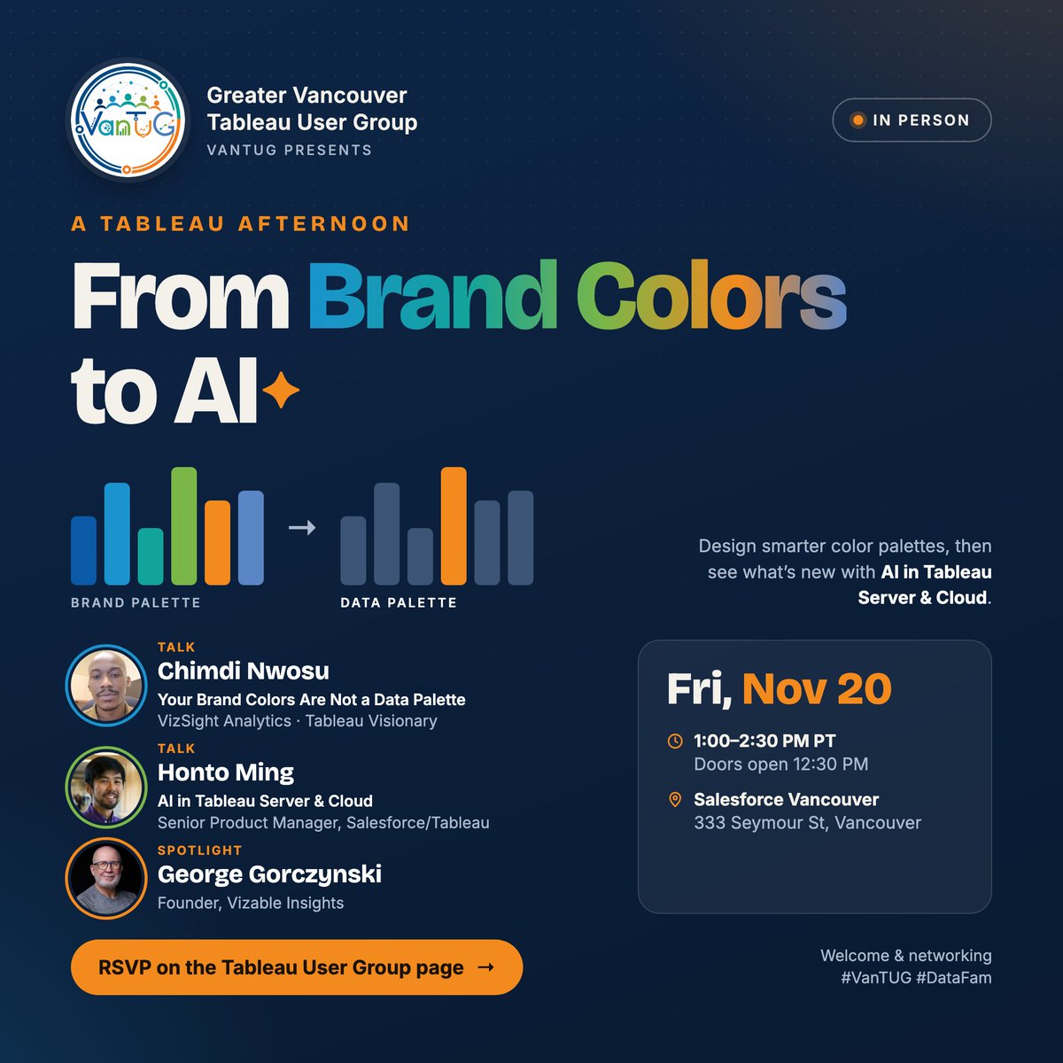 Sunhpiris's tweet photo. Join us Nov 20 for an in-person Tableau afternoon with Chimdi Nwosu on brand colors, Honto Ming on AI in Tableau, plus a Community Spotlight with George Gorczynski.  RSVP: https://t.co/foslJp2931
@professorkao @DatavizChimdi @tableaupublic https://t.co/aQFyaXBJTU