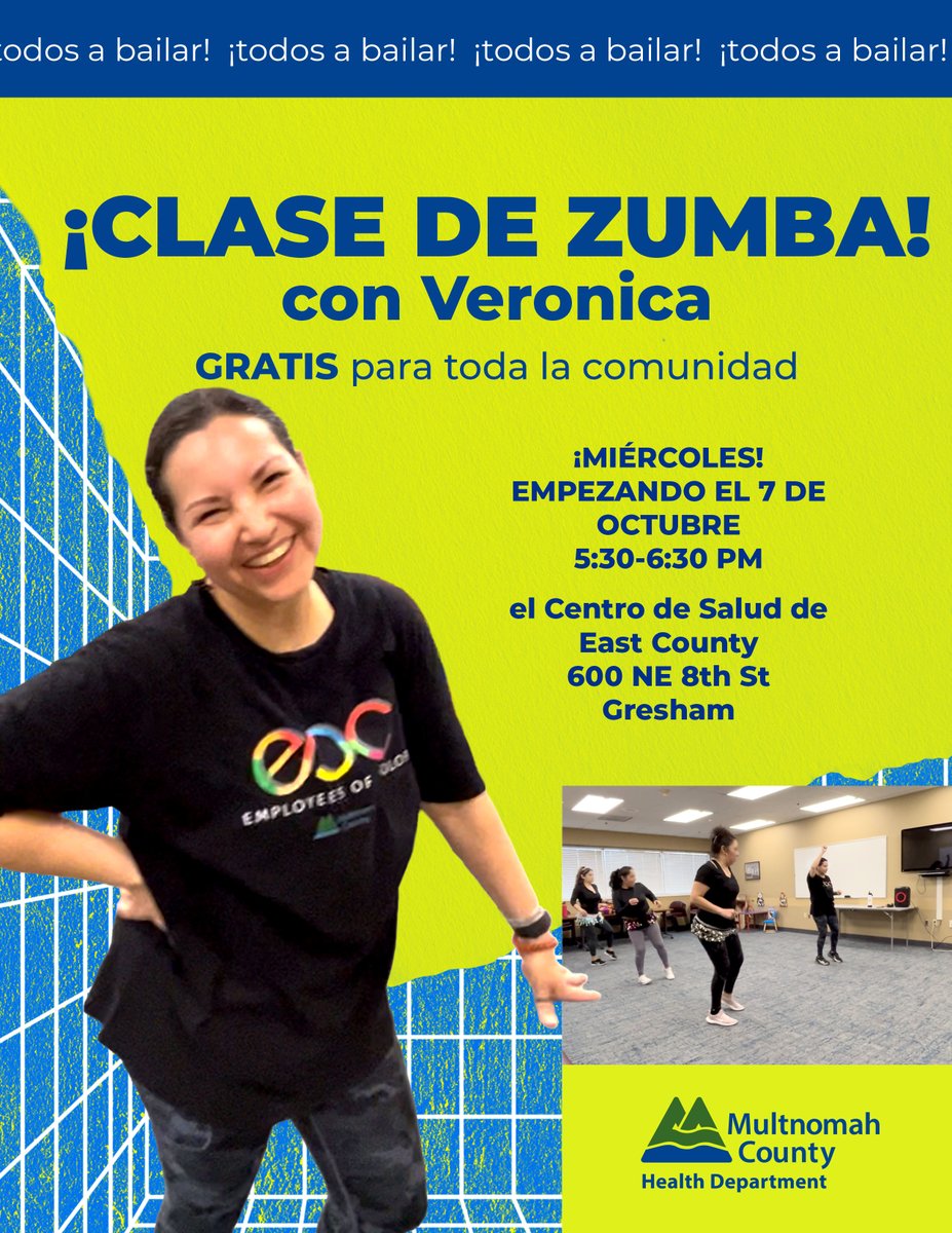 MultCoHealth's tweet photo. 💃¡Clase de zumba gratis!

Los Miércoles, empezando el 7 de Octubre, 5:30-6:30pm
Salon grande del segundo piso
Centro de Salud de East County

🎵¡Acompáñanos al baile divertido, vengan todos bienvenidos! https://t.co/Okj73qLsJk