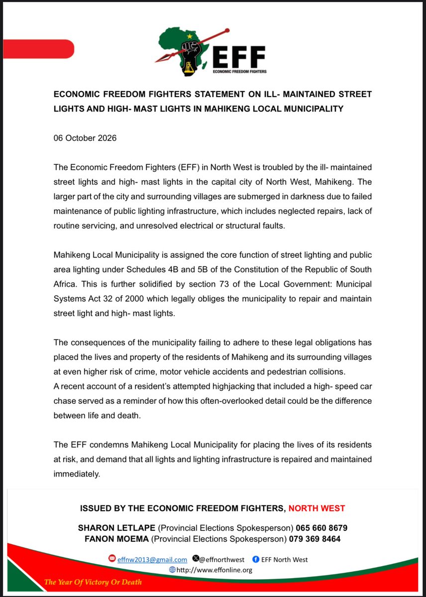 EffNorthwest's tweet photo. The Economic Freedom Fighters (EFF) in North West is troubled by the ill- maintained street lights and high- mast lights in the capital city of North West, Mahikeng. The larger part of the city and surrounding villages are submerged in darkness due to failed maintenance of public lighting infrastructure, which includes neglected repairs, lack of routine servicing, and unresolved electrical or structural faults.