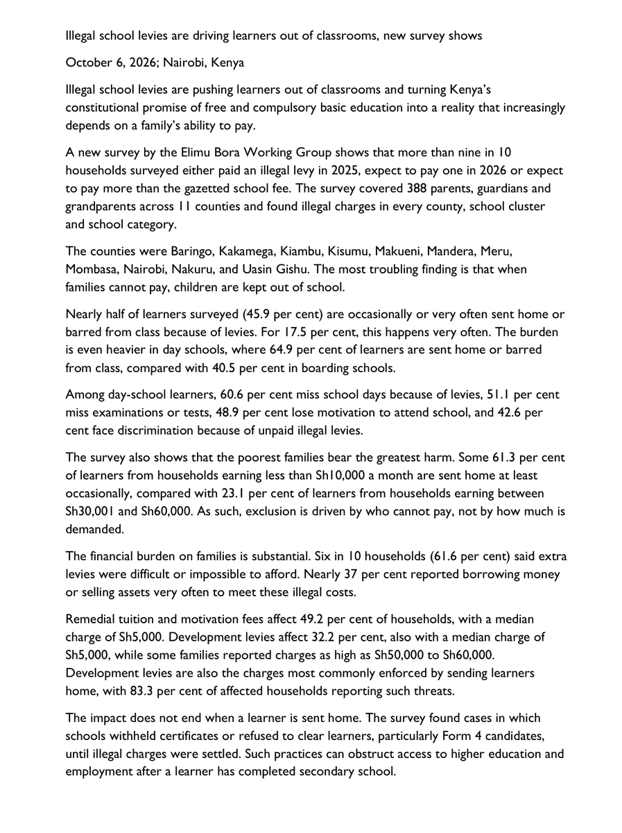thekhrc's tweet photo. #PressStatement
Illegal school levies are pushing learners out of classrooms and turning Kenya’s constitutional promise of free and compulsory basic education into a reality that increasingly depends on a family’s ability to pay. A new survey by the @_ebwg shows that more than nine in 10 households surveyed either paid an illegal levy in 2025, expect to pay one in 2026 or expect to pay more than the gazetted school fee.