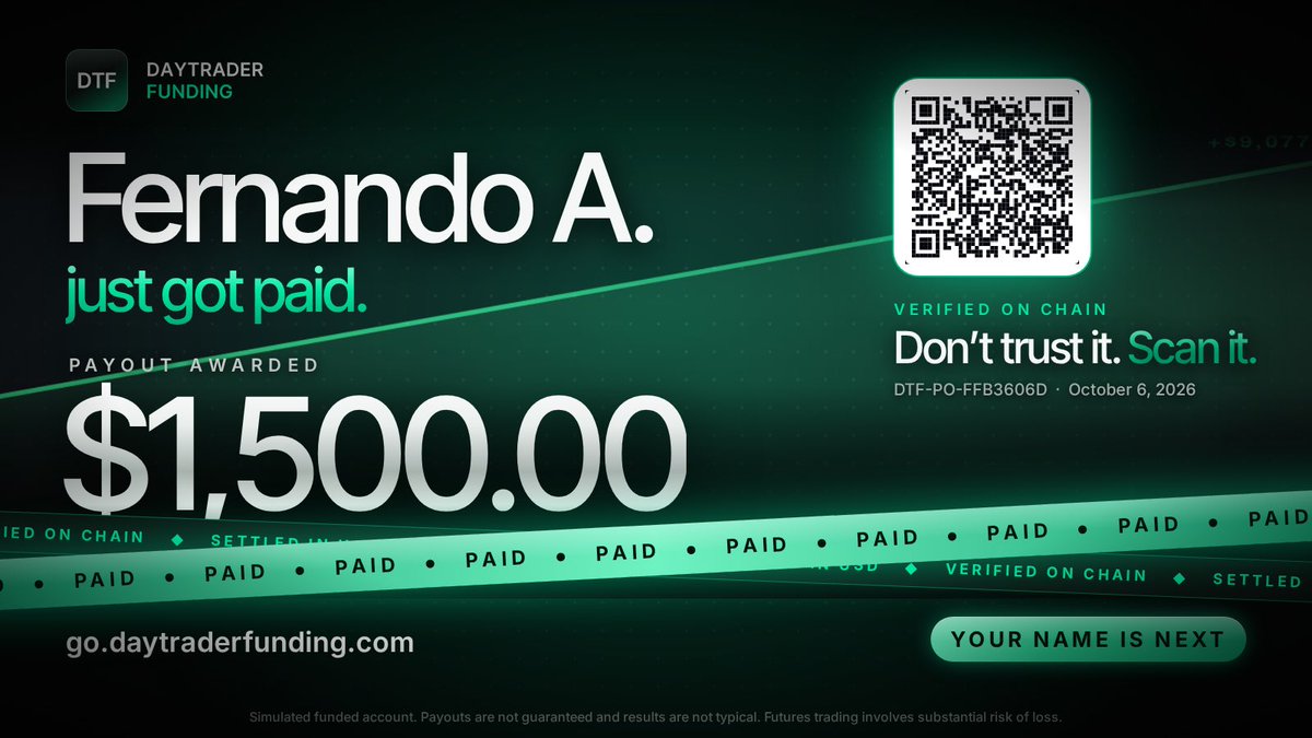 DayTraderFundin's tweet photo. 💸 4 traders paid on October 6.

$3,808 total, all verified on chain. Don't trust it, scan it. 🔍

Your name is next 👉 https://t.co/SOWExJOYjq https://t.co/naxF09sxzv