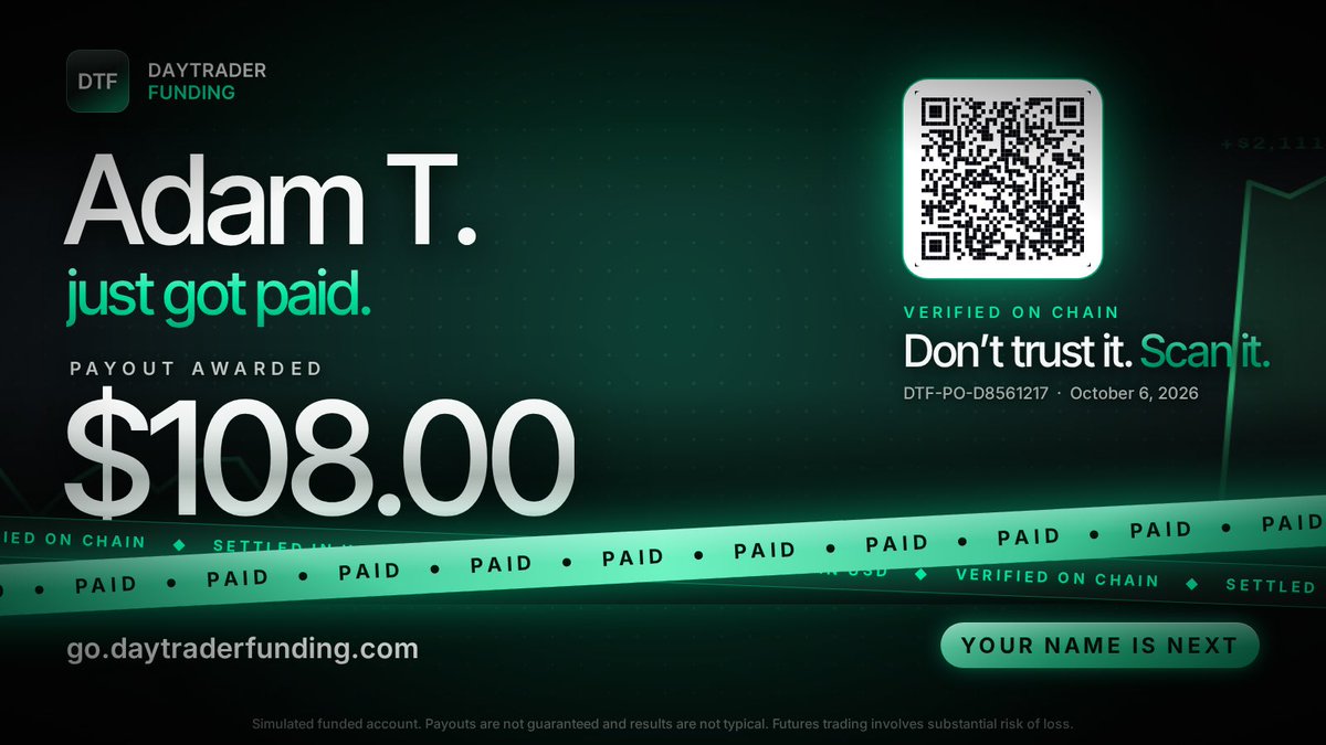 DayTraderFundin's tweet photo. 💸 4 traders paid on October 6.

$3,808 total, all verified on chain. Don't trust it, scan it. 🔍

Your name is next 👉 https://t.co/SOWExJOYjq https://t.co/naxF09sxzv