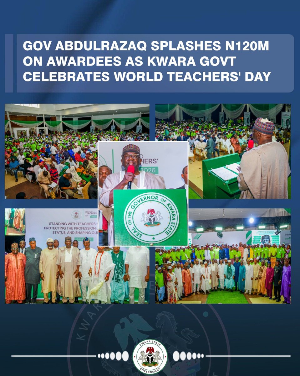followKWSG's tweet photo. Gov @RealAARahman splashes N120m on awardees as Kwara govt celebrates World Teachers' Day https://t.co/hhy5oum4A0