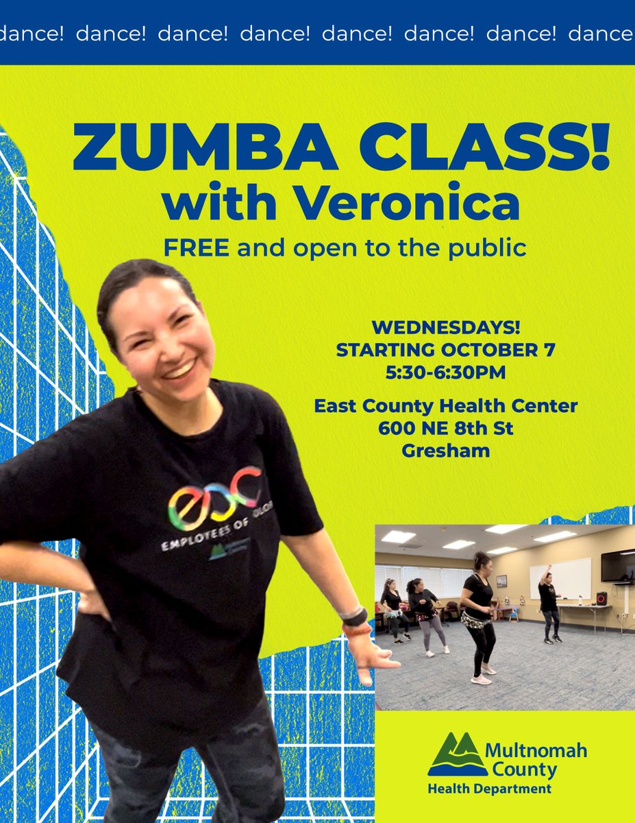 MultCoHealth's tweet photo. 💃 Free Zumba class!

Wednesdays, starting October 7, 5:30-6:30pm
Sharron Kelley conference room
East County Health Center
600 ne 8th st, Gresham,

🎵Join us for fun cardio dancing, everyone welcome! https://t.co/uXJM2EAwVo
