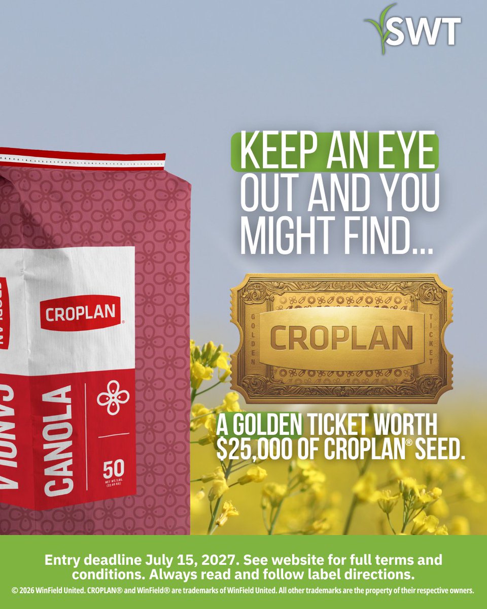 SWT's tweet photo. There’s more to get excited about with CROPLAN® seed. 🌱 Finance-eligible seed with 0% interest through Sept. 30, 2027, and check select bags for a Golden Ticket- your chance to win up to $25,000 in CROPLAN seed for 2028! Contact SWT for details. https://t.co/urihaAeCps