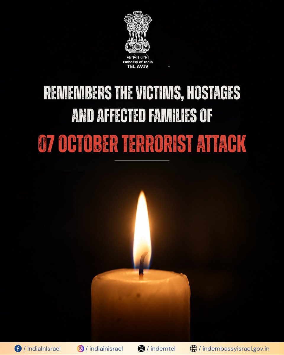 indemtel's tweet photo. The Embassy of India pays heartfelt tribute to the victims of the terrorist attack of 7 October and stands in solidarity with the affected families.

We stand united against terrorism in all its forms and manifestations and reaffirm our steadfast commitment to combating terrorism.

שגרירות הודו מרכינה ראש ומביעה הזדהות עמוקה עם קורבנות מתקפת הטרור של ה 7 באוקטובר ועם המשפחות שנפגעו.

אנו ניצבים מאוחדים נגד הטרור על כל הצורות והביטויים שלו, ומאשררים את מחויבותנו האיתנה למאבק בטרור.

@narendramodi @netanyahu @PMOIndia @Isaac_Herzog @IsraelMFA @gidonsaar @DrSJaishankar @MEAIndia @IsraelinIndia @airnewsalerts