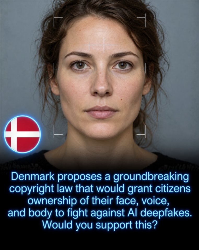 Rainmaker1973's tweet photo. In June 2025, Denmark announced plans to strengthen its copyright law so that people would have stronger legal control over unauthorized digital copies of their face, voice, appearance, and movements, and so that realistic AI-generated deepfakes would be harder to use as a way of taking someone’s identity.

Under the proposal, a person whose realistic AI version was created and publicly shared without consent could demand that it be removed and could potentially seek compensation, and the plan has broad political support in Denmark as a response to identity misuse while generative AI becomes more capable.

The proposal has not yet become law, but if it is approved Denmark could introduce one of Europe’s strongest legal protections against deepfakes, on the question of whether a person’s digital identity should still belong to that person.